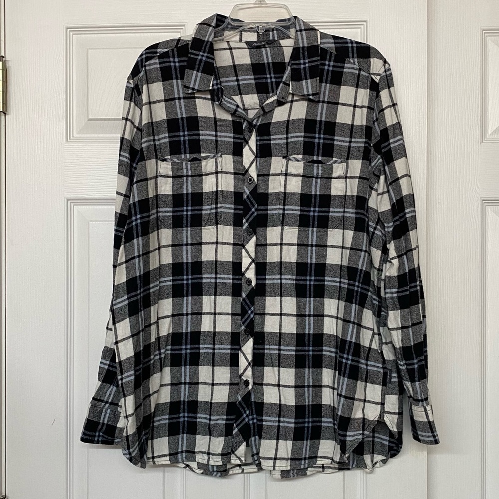 Eddie Bauer Black White Blue Classic Plaid Flannel Long Line Top Sz XXL